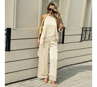 Completo da donna composto da top con scollo alla halter e orlo asimmetrico in pizzo a contrasto e pantaloni a zampa larga, set di moda a 2 pezzi L,M,S,XL,XS,XXL,XXS,XXXL,XXXXLColore unicoTessuto intr