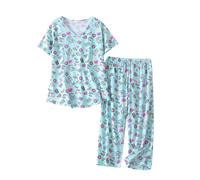 Completo da donna composto da top e pantaloni a maniche corte, elastico in vita, in cotone, per abbigliamento estivo; con dettagli di design tra cui pigiama a maniche corte capri, Verde, S