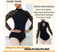 Completo da donna con leotard a maniche lunghe, collo alto e pizzo floreale, per danza classica e ginnastica, con schiena a goccia traforata e fodera anteriore morbida, per pratica e spettacoli di dan