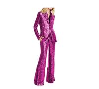 Completo da donna con paillettes alla moda, un bottone, 2 pezzi, smoking, blazer, pantaloni, ballo di fine anno, Fucsia, M