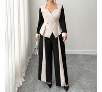 Completo da donna di taglia comoda, elegante e vintage, adatto per il pendolarismo, le vacanze e il tempo libero, composto da blazer e pantaloni con blocchi di colore, outfit casual da ufficio 0XL,1XL