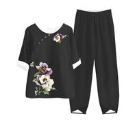 Completo Da Donna Due Pezzi Casual Estivo Curvy Elegante Top Leggera Mezza Età Allentato Cardigan Due Pezzi Maniche Corte Anziani Camicia + Pantaloni Taglie Forti Stampato Cotone E Lino Tuta