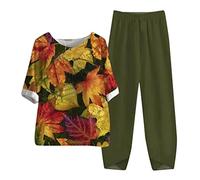 Completo Da Donna Due Pezzi Casual Estivo Curvy Elegante Top Leggera Mezza Età Allentato Cardigan Due Pezzi Maniche Corte Anziani Camicia + Pantaloni Taglie Forti Stampato Cotone E Lino Tuta