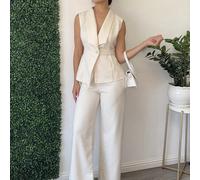 Completo da donna elegante da ufficio, per viaggi pendolari, per il pomeriggio del tè, giacca asimmetrica senza maniche e pantaloni con vita elasticizzata, set di 2 pezzi, primavera/estate L,M,S,XL,XS