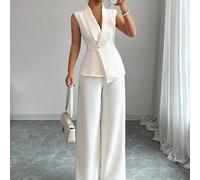 Completo da donna elegante da ufficio, per viaggi pendolari, per il pomeriggio del tè, giacca asimmetrica senza maniche e pantaloni con vita elasticizzata, set di 2 pezzi, primavera/estate L,M,S,XL,XS