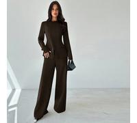 Completo da donna elegante e versatile per l'ufficio e il tempo libero, composto da blazer con bavero asimmetrico e bottoni in vita e pantaloni a vita alta, colore grigio cachi, 2 pezzi L,M,S,XSColore