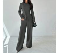 Completo da donna elegante e versatile per l'ufficio e il tempo libero, composto da blazer con bavero asimmetrico e bottoni in vita e pantaloni a vita alta, colore grigio cachi, 2 pezzi L,M,S,XSColore
