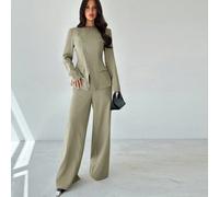 Completo da donna elegante e versatile per l'ufficio e il tempo libero, composto da blazer con bavero asimmetrico e bottoni in vita e pantaloni a vita alta, colore kaki grigio, 2 pezzi, adatto per l'a
