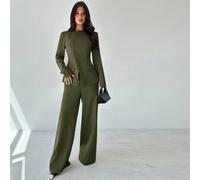 Completo da donna elegante e versatile per l'ufficio e il tempo libero, composto da blazer con bavero asimmetrico e bottoni in vita e pantaloni a vita alta, colore grigio cachi, 2 pezzi, adatto per l'