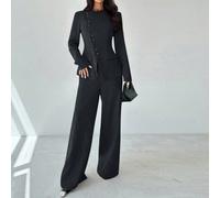 Completo da donna elegante e versatile per l'ufficio e il tempo libero, composto da blazer con bavero asimmetrico e bottoni in vita e pantaloni a vita alta, colore kaki grigio, 2 pezzi, adatto per l'a
