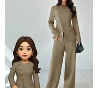 Completo da donna elegante e versatile per l'ufficio e il tempo libero, composto da blazer con bavero asimmetrico e bottoni in vita e pantaloni a vita alta, colore kaki grigio, 2 pezzi, adatto per l'a