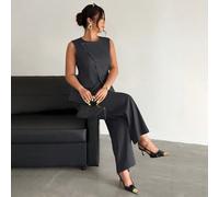 Completo da donna elegante e versatile per l'ufficio e il tempo libero, composto da blazer smanicato con bavero asimmetrico e bottoni in vita e pantaloni a vita alta, colore kaki grigio, set da 2 pezz