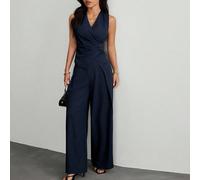 Completo da donna elegante per il pendolarismo, top senza maniche blu navy, pantaloni palazzo scuri formali, per donne di piccola statura Petite XXS,Petite XS,Petite S,Petite M,Petite LColore unicoTes