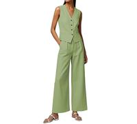 Completo da donna in 2 pezzi, gilet in lino e pantaloni a gamba larga, casual, senza maniche, set estivo, Salvia, L