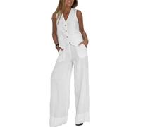 Completo da donna in 2 pezzi gilet in lino gilet elegante casual set pantaloni a gamba larga, bianco, S