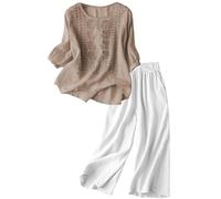 Completo da donna in 2 pezzi: set coordinato retrò in misto cotone misto lino, top con maniche a 3/4 e pantaloni corti a gamba larga, abbigliamento estivo e autunnale per le mezze stagioni per uscire