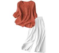 Completo da donna in 2 pezzi: set coordinato retrò in misto cotone misto lino, top con maniche a 3/4 e pantaloni corti a gamba larga, abbigliamento estivo e autunnale per le mezze stagioni per uscire