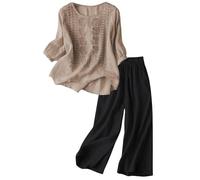 Completo da donna in 2 pezzi: set coordinato retrò in misto cotone misto lino, top con maniche a 3/4 e pantaloni corti a gamba larga, abbigliamento estivo e autunnale per le mezze stagioni per uscire