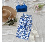Completo da donna in 2 pezzi: top a canottiera con stampa floreale tropicale e gonna con coulisse in vita, stile vintage vintage, adatto per vacanze al mare, crociere, gite in città, tutte le stagioni