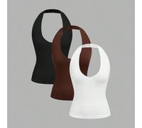 Completo da donna in 95% cotone, 3 pezzi, top alla halter senza schienale, colori solidi in nero, bianco e marrone - Elegante stile street alla moda Y2K, look cute soft girl e clean girl, perfetto per