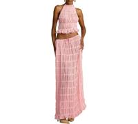 Completo da donna in chiffon, 2 pezzi, estivo, casual, con lacci, senza maniche, schiena scoperta, top corto e gonna a pieghe a vita alta, maxi gonna plissettata, set coordinato per eventi serali,