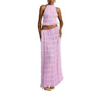 Completo da donna in chiffon, 2 pezzi, estivo, casual, con lacci, senza maniche, schiena scoperta, top corto e gonna a pieghe a vita alta, maxi gonna plissettata, set coordinato per eventi serali,