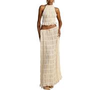 Completo da donna in chiffon, 2 pezzi, estivo, casual, con lacci, senza maniche, schiena scoperta, top corto e gonna a pieghe a vita alta, maxi gonna plissettata, set coordinato per eventi serali,