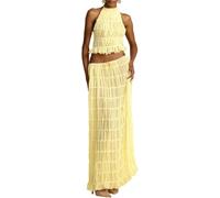 Completo da donna in chiffon, 2 pezzi, estivo, casual, con lacci, senza maniche, schiena scoperta, top corto e gonna a pieghe a vita alta, maxi gonna plissettata, set coordinato per eventi serali,