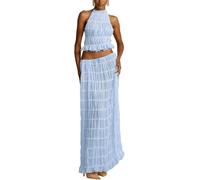 Completo da donna in chiffon, 2 pezzi, estivo, casual, con lacci, senza maniche, schiena scoperta, top corto e gonna a pieghe a vita alta, maxi gonna plissettata, set coordinato per eventi serali,