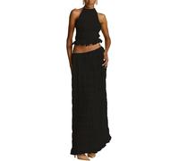Completo da donna in chiffon, 2 pezzi, estivo, casual, con lacci, senza maniche, schiena scoperta, top corto e gonna a pieghe a vita alta, maxi gonna plissettata, set coordinato per eventi serali,
