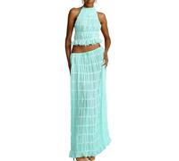 Completo da donna in chiffon, 2 pezzi, estivo, casual, con lacci, senza maniche, schiena scoperta, top corto e gonna a pieghe a vita alta, maxi gonna plissettata, set coordinato per eventi serali,