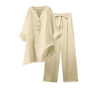 Completo da donna in cotone e lino, set da 2 pezzi, a gamba larga, per il tempo libero, da spiaggia, per viaggi, estivi, streetwear, Beige, M