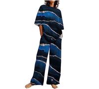 Completo da Donna in Due Pezzi,In Cotone e Lino, Pantaloni Stampati, Camicia a Maniche Corte, Completo Casual Tuta Estiva Casual da Donna Completo Sportivo in Due Pezzi Lino Maglia a Manica Corta