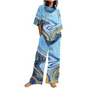 Completo da Donna in Due Pezzi,In Cotone e Lino, Pantaloni Stampati, Camicia a Maniche Corte, Completo Casual Tuta Estiva Casual da Donna Completo Sportivo in Due Pezzi Lino Maglia a Manica Corta