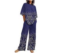 Completo da Donna in Due Pezzi,In Cotone e Lino, Pantaloni Stampati, Camicia a Maniche Corte, Completo Casual Tuta Estiva Casual da Donna Completo Sportivo in Due Pezzi Lino Maglia a Manica Corta