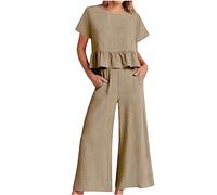 Completo da Donna in Due Pezzi, Pantaloni Estivi in cotone e Lino, Camicia a Maniche Corte, Completo Casual in Due Pezzi Leggera Estivi Completa 2 Pezzi Spiaggia Tuta Completi Casual Tinta Unita