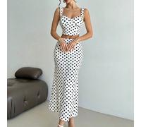 Completo da donna in due pezzi stile boho, con stampa a pois, nuovo set elegante e romantico per primavera/estate composto da canotta crop top e gonna lunga, completo a pois, outfit casual per pendola