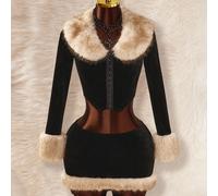 Completo da donna in stile Y2K, sexy ed elegante, con colletto Peter Pan, maniche lunghe, polsini e inserti in pelliccia, minigonna a vita ultra bassa, adatto per feste e appuntamenti. Abito soffice d