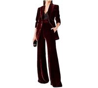 Completo da donna in velluto 2 pezzi da ufficio con rever a punta, doppio petto, blazer, pantaloni da lavoro, set da lavoro per ufficio, Borgogna, M