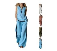 Completo da Donna Minimalista e Confortevole: Canotta Scollo a V con Bottoni e Profili Neri + Pantaloni a Gamba Larga - Ideale per la Spiaggia e i Viaggi (Sky Blue,L)