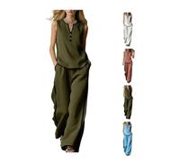 Completo da Donna Minimalista e Confortevole: Canotta Scollo a V con Bottoni e Profili Neri + Pantaloni a Gamba Larga - Ideale per la Spiaggia e i Viaggi (Army Green,M)