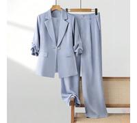 Completo da donna primavera/estate leggero da pendolarismo con blazer a maniche 3/4, design plissettato, monopetto con un solo bottone, tasche vere e pantaloni lunghi, stile casual per l'autunno 0XL,1