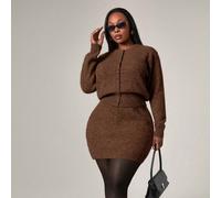 Completo da donna taglie forti autunno e inverno, elegante cardigan aderente a collo tondo e gonna abbinata, adatto per stile urban chic, ufficio sexy, pendolarismo, lavoro 1XL,2XL,3XLColore unicoMagl