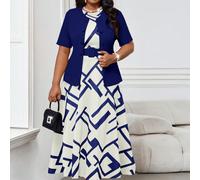 Completo da donna taglie forti blu navy autunnale elegante formale con stampa geometrica a contrasto, set di due pezzi gonna e giacca, abbigliamento estivo per la festa degli insegnanti e la chiesa 0X