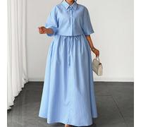 Completo da donna taglie forti: Camicia a maniche corte con colletto a righe blu e bianche + Gonna lunga a vita regolabile 0XL,1XL,2XL,3XL,4XLA strisceTessuto