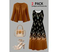 Completo da donna taglie forti composto da cardigan lungo a maniche lunghe con laccio frontale abbinato a un abito smanicato con scollo tondo e stampa, elegante per autunno/inverno e primavera 0XL,1XL