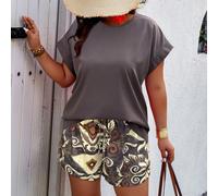 Completo da donna taglie forti con top a maniche a pipistrello e pantaloncini stampati a caso, 2 pezzi, per il giorno di San Patrizio 0XL,1XL,2XL,3XL,4XLBlocchi di colore,Tribale,Piante,stampa dappert