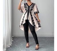 Completo da donna taglie forti con top a maniche corte scollo a V con bottoni frontali e stampa & pantaloni a vita alta con vita elastica, elegante e professionale, set primavera/estate 0XL,1XL,2XL,3X