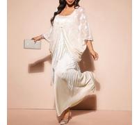 Completo da donna taglie forti: giacca leggera con decorazione a frange 3D e maniche corte, e abito a sirena con spalline sottili, elegante per brunch, pendolarismo, vacanza, spiaggia, Medio Oriente, 
