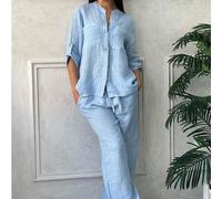 Completo da donna taglie forti in lino, composto da camicia con colletto a bottoni e spalle scese e pantaloni a gamba ampia, abbigliamento casual elegante per la primavera 1XL,2XL,3XL,4XL,5XLColore un